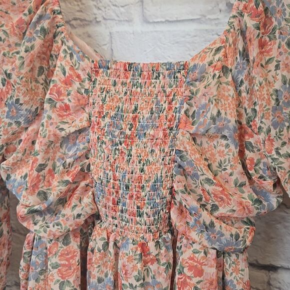 American Eagle Girly Boho Chic Chiffon Blouse Peach Floral Ruched Peplum Top S - Picture 8 of 13